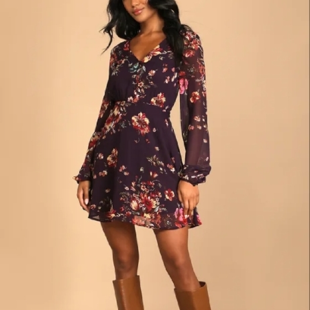 Lulus NWT Always Yours Plum Purple Floral Print Long Sleeve Skater Dress Size L